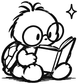 The TurtleLuck turtle in round glasses, reading a book